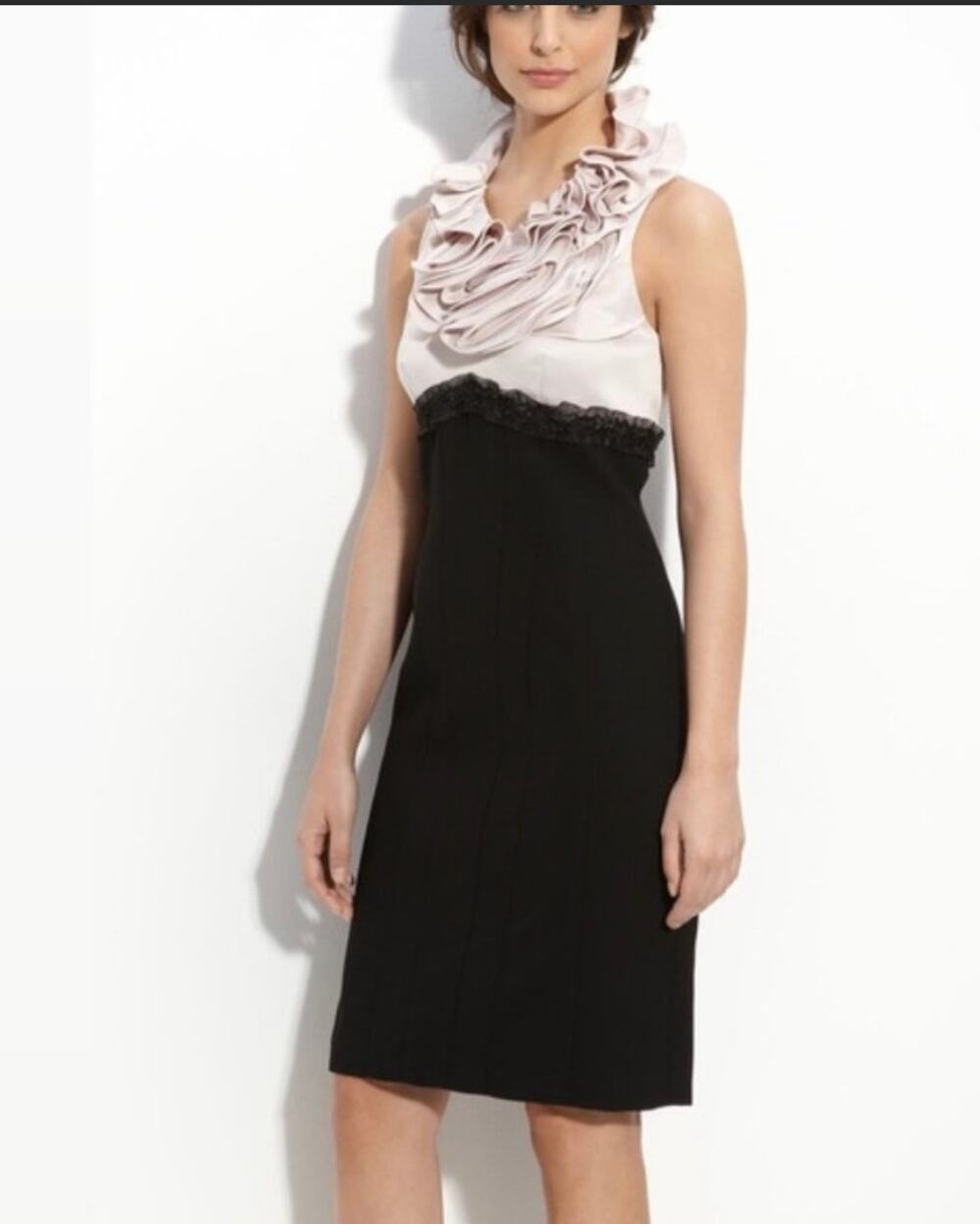 JS Collection Satin Ruffle Neck Cocktail Dress Beige Black 4